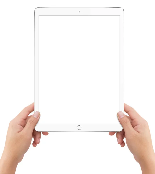 Isolated human two hands holding white tablet computer — Stock Photo, Image