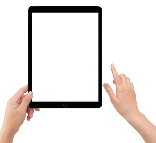 İzole sol siyah tablet bilgisayar tutan eller