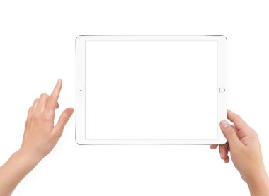 İzole insan sağ el beyaz tablet bilgisayar tutarak