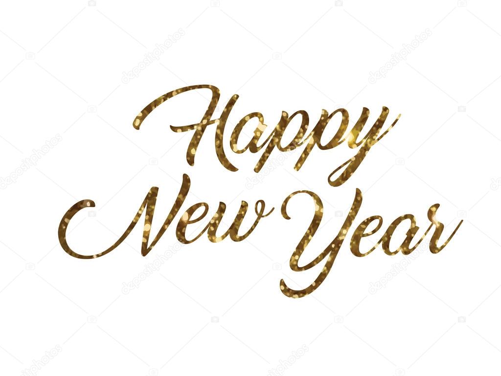 Golden glitter of isolated hand writing word HAPPY NEW YEAR