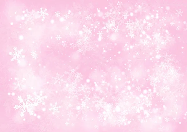 Gradiente rosa fondo de papel de invierno con la nieve y el copo de nieve — Vector de stock