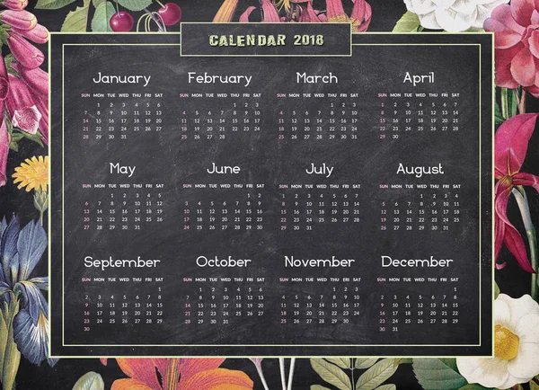 2018 yearly retro calendar on blackboard background with floral — Stock Photo, Image