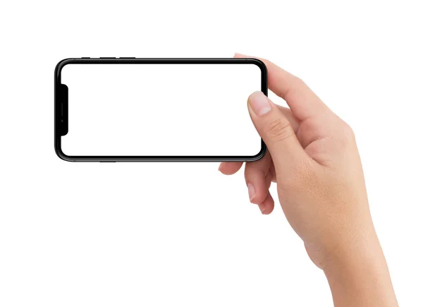 İzole insan sağ elini tutarak siyah yatay hareket eden telefon