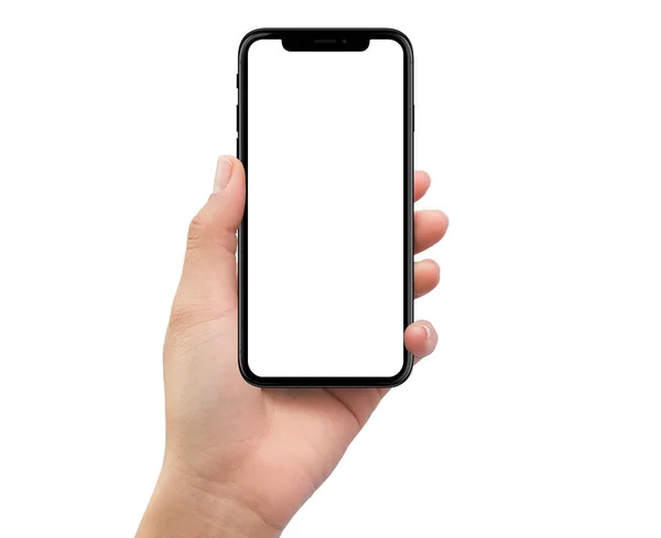 Isolerade mänskliga vänster hand håller svart mobil smartphone — Stockfoto