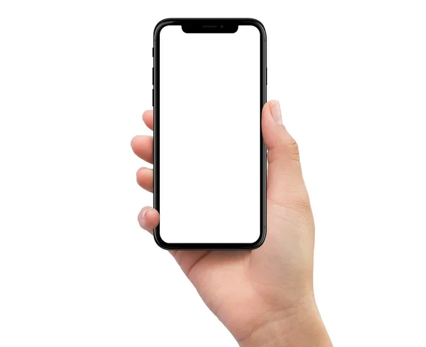 Изолированная правая рука человека с черным мобильным смартфоном — стоковое фото