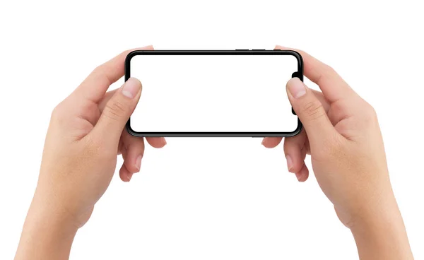 Aislado humano dos manos sosteniendo teléfono inteligente móvil blanco —  Fotos de Stock