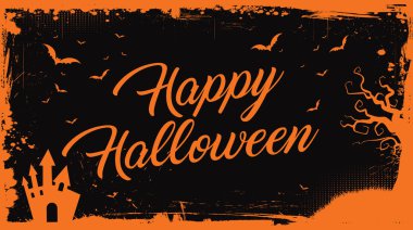 Mutlu Cadılar Bayramı turuncu metin yarasalar, kabak, ev kenarlıklı