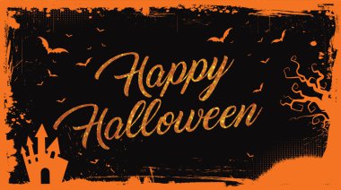 Mutlu Cadılar Bayramı turuncu metin yarasalar, kabak, ev kenarlıklı