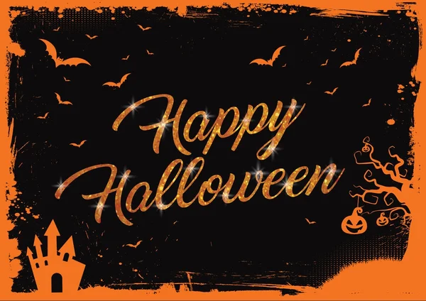 Mutlu Cadılar Bayramı turuncu glitter metin yarasalar, kabak, ile ev bo