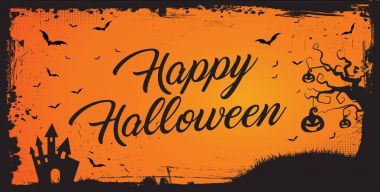 Mutlu Cadılar Bayramı afiş, grunge kenarlıklı turuncu arka plana ba