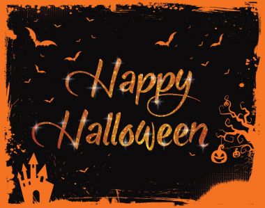 Mutlu Cadılar Bayramı turuncu glitter metin yarasalar, kabak, ile ev bo