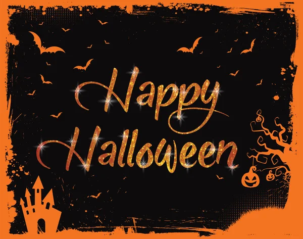 Mutlu Cadılar Bayramı turuncu glitter metin yarasalar, kabak, ile ev bo