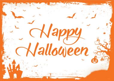 Mutlu Cadılar Bayramı turuncu metin yarasalar, kabak, ev kenarlıklı