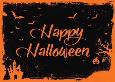 Mutlu Cadılar Bayramı turuncu metin yarasalar, kabak, ev kenarlıklı