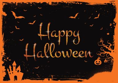 Mutlu Cadılar Bayramı turuncu glitter metin yarasalar, kabak, ile ev bo