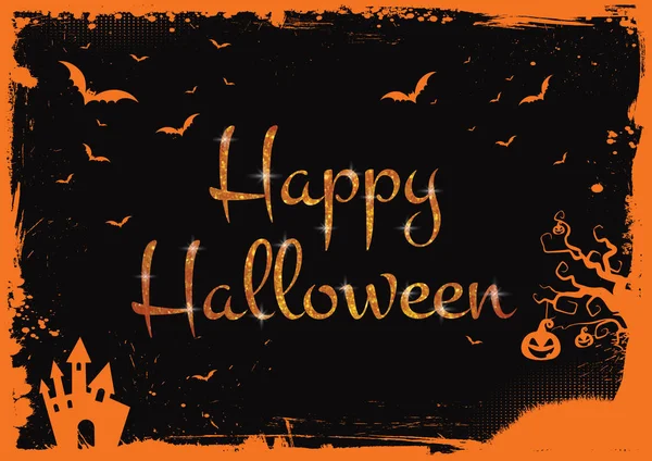 Mutlu Cadılar Bayramı turuncu glitter metin yarasalar, kabak, ile ev bo