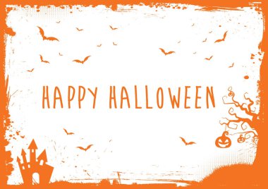 Mutlu Cadılar Bayramı afiş, turuncu metin, yarasalar, kabak, ev borde