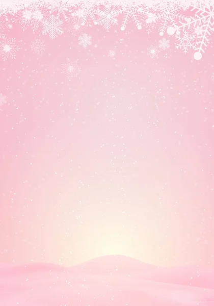 Fondo de invierno rosa con nieve y copo de nieve — Vector de stock