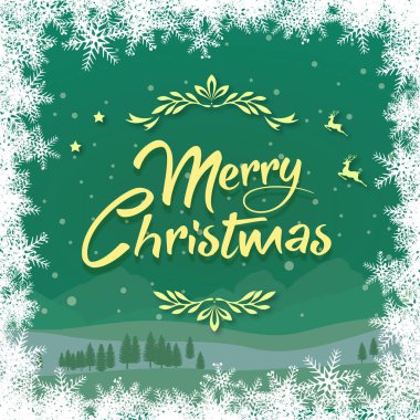 Yeşil kış Noel arka plan ve kar tanesi kenarlık