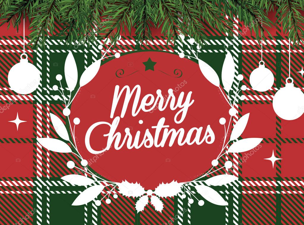 Red and green checkered pattern background, Merry Christmas word