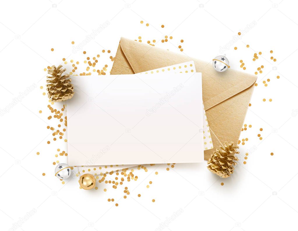 Golden envelope and blank memo paper mock up design template