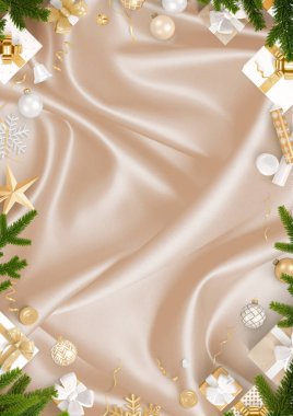 Yeni yıl dekorasyon sınır ve altın ipek kumaş arka plan