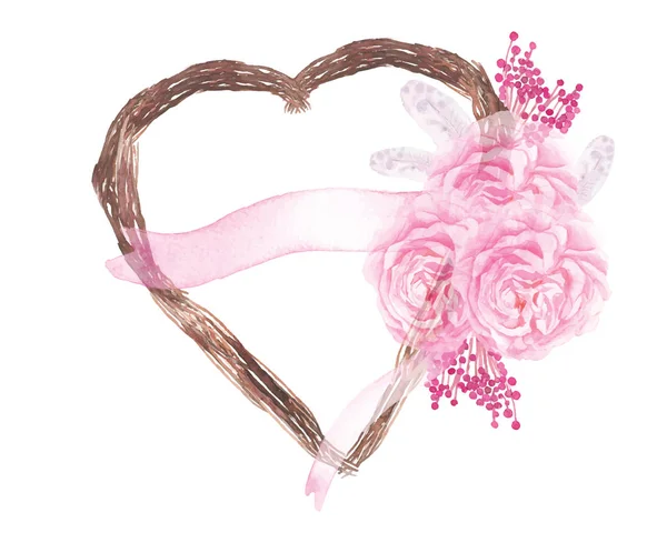 Vecteur coeur plante et fleur rose décoration de mariage — Image vectorielle