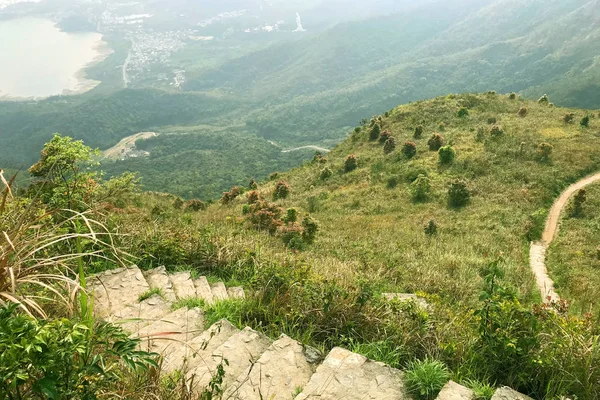 Pueblo, hierba verde, plantas, sendero y escalera de piedra — Foto de Stock