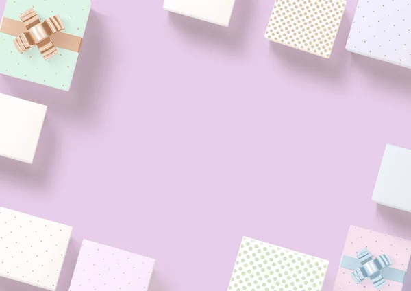 Пастельно-фиолетовый фон с обернутой бумагой подарочной границы — стоковое фото