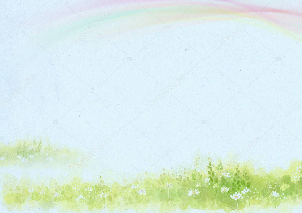 The elegant fairy tale textured blue blank template paper background with rainbow, green plants and flowers border