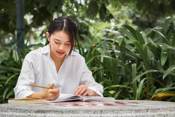 Asian woman working outdoor in the park Stock Image