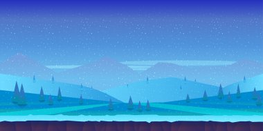 Buz, kar ve bulutlu gökyüzü, kış yatay çizgi film. Oyunlar için vektör doğa arka plan.
