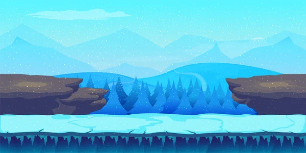 Cartoon-Winterlandschaft mit Eis, Schnee und bewölktem Himmel. Vektor Natur Hintergrund für Spiele. — Stockvektor