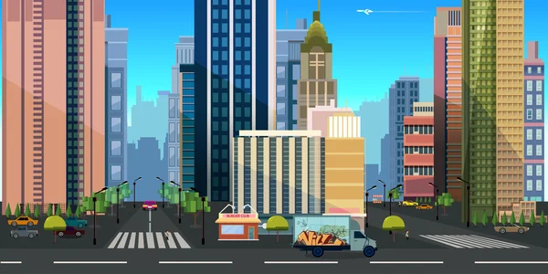 Dibujos animados sin fisuras paisaje de la ciudad, vector de fondo interminable con la carretera, edificios y capas del cielo . — Vector de stock