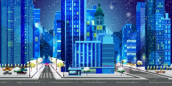 Notte di Natale paesaggio urbano e nevicate. Illustrazione vettoriale . — Vettoriale Stock