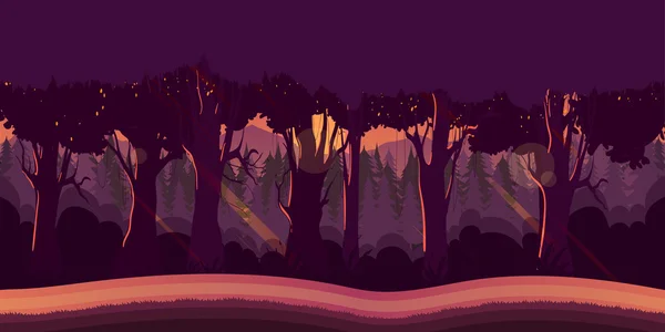 Antecedentes para aplicaciones de juegos o desarrollo móvil. Dibujos animados naturaleza paisaje con bosque . — Vector de stock