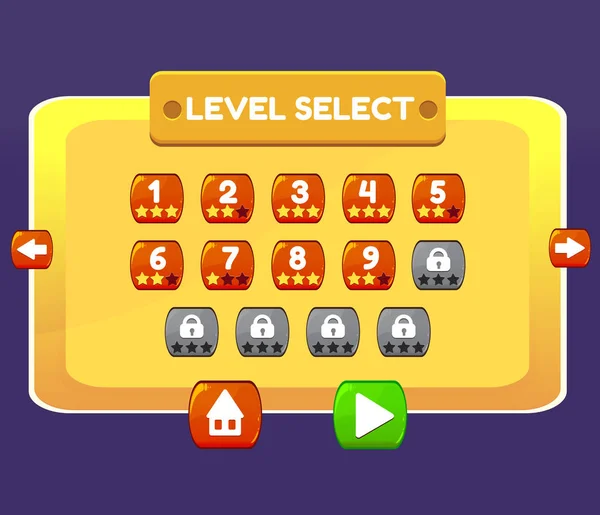 Niveau, Selecteer menu in het spel interface panelen ui knoppen — Stockvector