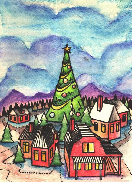 Artistic Christmas landscape. watercolor illustration for your design — Stock Photo, Image