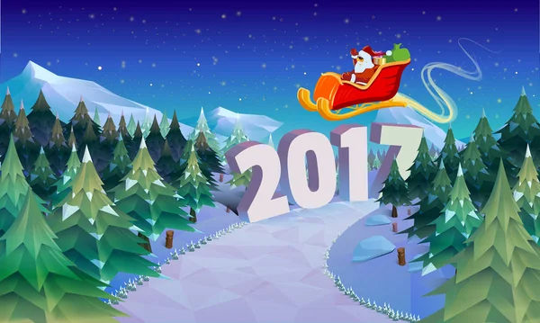 Сани Санта Клауса летают над лесом. Рождественская открытка, приглашение, фон, шаблон дизайна. векторная иллюстрация — стоковый вектор
