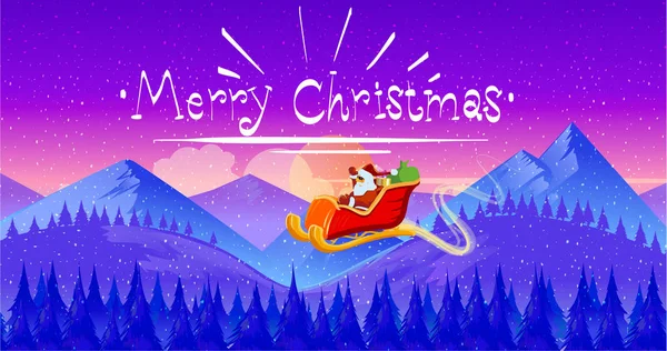 Papai Noel no trenó com renas na noite de Natal nevada —  Vetores de Stock