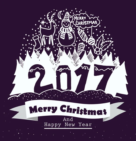 メリー クリスマスと新年あけましておめでとうございますタイポグラフィ デザイン手要素を描画するとします。分離ベクトル図 — ストックベクタ