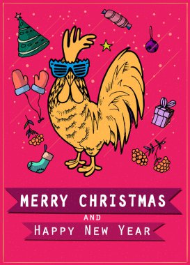 Çince 2017 yeni yıl horoz sembolü. Altın metalik kırmızı arka plan üzerinde solda arıyor. El çizim doodle degradelerle. Zodiac takvimi. Altın siluet.