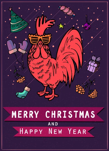 Handgezeichnete Freistilskizze des Hahns auf rotem Hintergrund, Symbol Neujahr. Illustration. — Stockvektor
