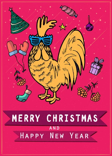 Çince 2017 yeni yıl horoz sembolü. Altın metalik kırmızı arka plan üzerinde solda arıyor. El çizim doodle degradelerle. Zodiac takvimi. Altın siluet.