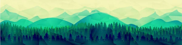 Low Poly Mountains Landschaft Vektor Hintergrund. polygonale Formen Gipfel mit Schnee oben und Bäume ringsum. Sonnenuntergang Tapete. eps10 Abbildung. — Stockvektor