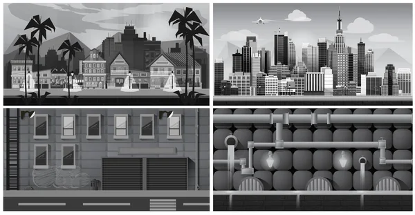 Set zwart-wit panorama steden. Vector kunst — Stockvector