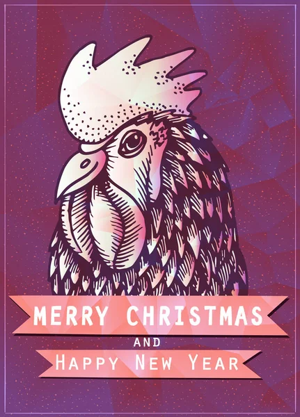 Винтажный праздничный плакат для веселого Рождества и счастливой новогодней вечеринки с нарисованным от руки портретом петуха . — стоковый вектор