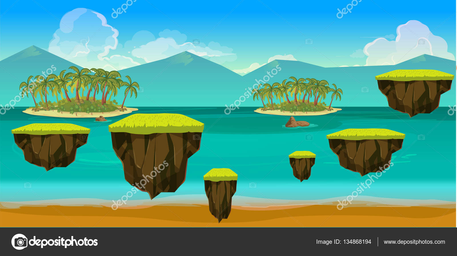 Gioco sfondo del mare con le isole e la vita sottomarina — Vettoriale Stock