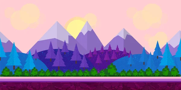 Dikişsiz düz stil oyun arka plan ağaçlar, dağlar ve bulutlu gökyüzü katmanları