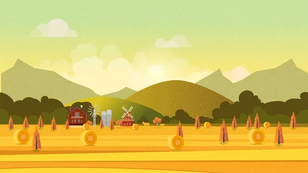 Countryside landscape with haystacks on fields. Rural area . Hay bales. Farm flat . Organic food concept for any design — Stock Photo, Image